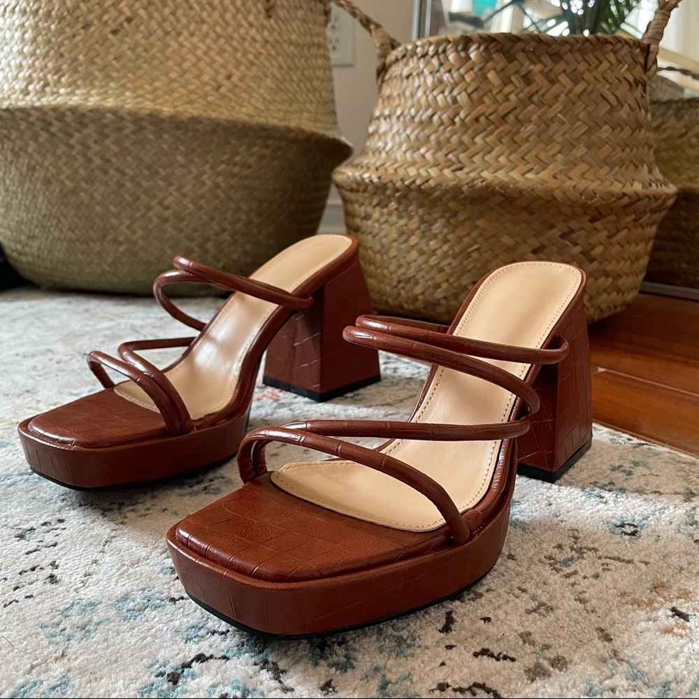 Chunky Heel Strappy Mule Sandals - Brown Y2K